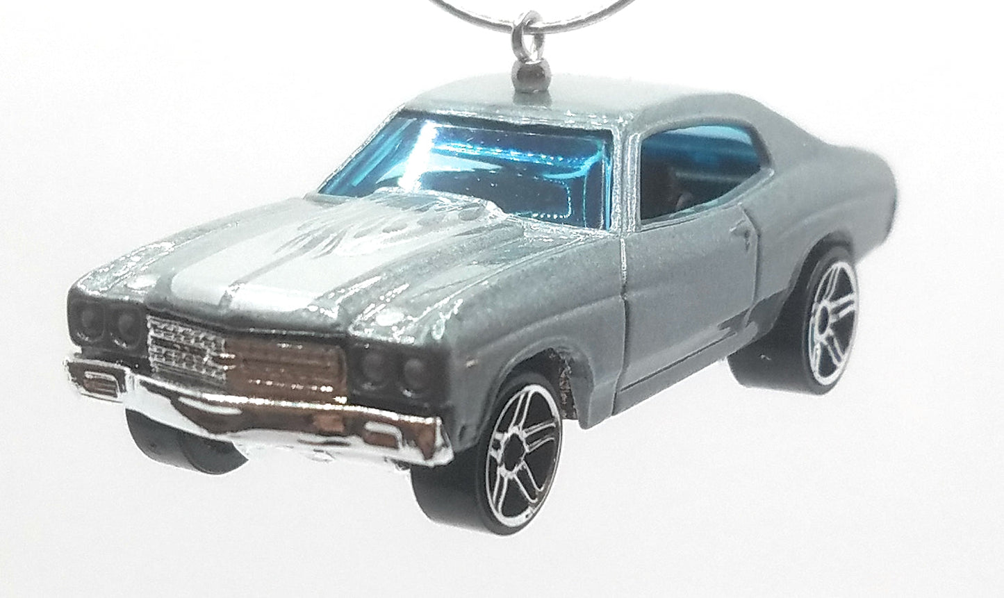 1970 Chevy Chevelle Silver White Flames Christmas Ornament