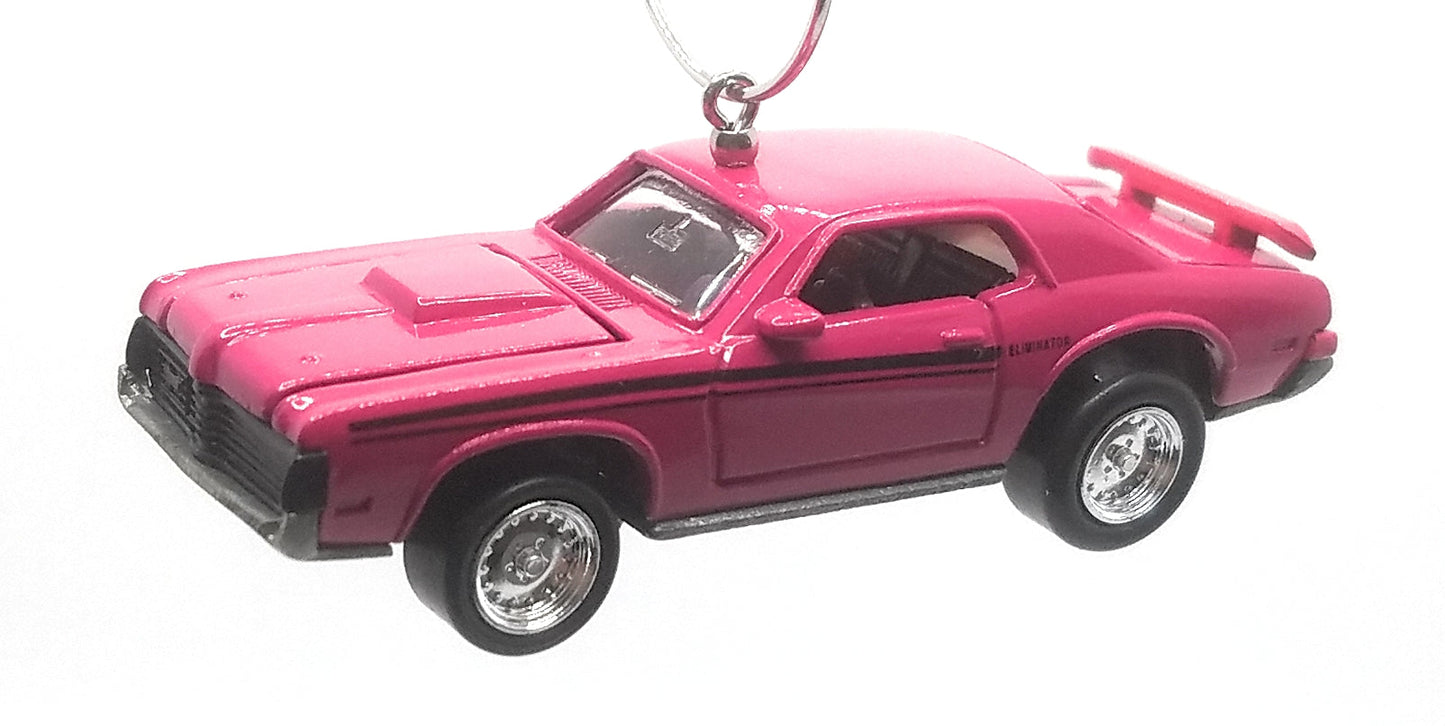 1969 Mercuty Cougar Eliminator Magenta Black Stripes Christmas Ornament