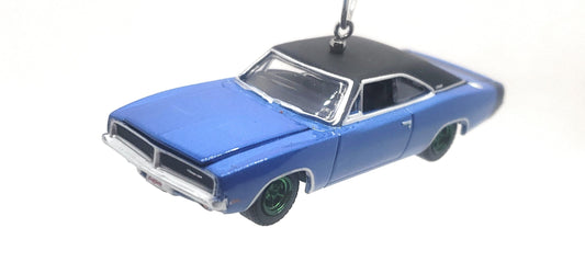 1969 Dodge Charger Blue Black Ltd Ed Green Wheels Christmas Ornament