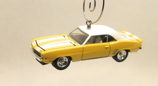 1969 Chevy Camaro Z28 Yellow White Christmas Ornament