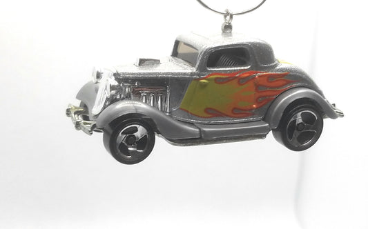 1934 Ford 3-Window Coupe Silver with Flames Christmas Ornament