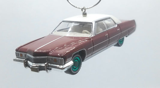 1973 Cadillac Sedan Deville Maroon/White Roof Blue Rims Ltd Ed Christmas Ornament