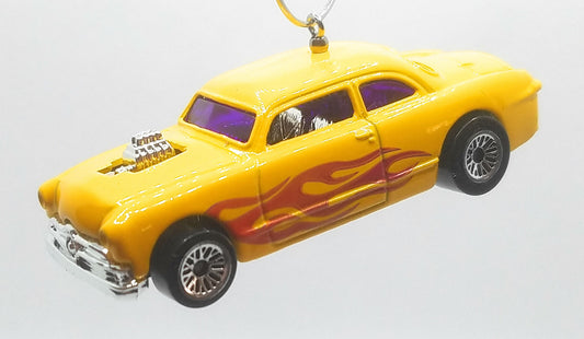 1949 Ford Custom Club Coupe Shoe Box Yellow Red Flames Christmas Ornament